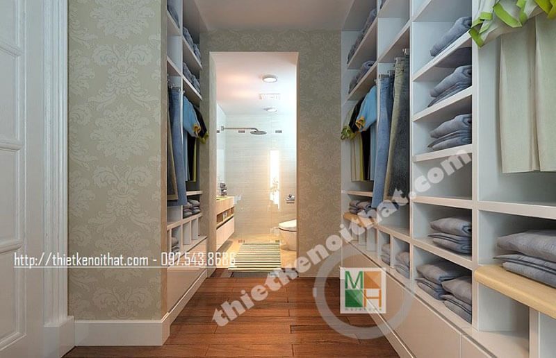 Mẫu tủ quần áo gỗ công nghiệp với thiết kế kịch trần ấn tượng, có nhiều ngăn tủ đa năng cho phòng ngủ