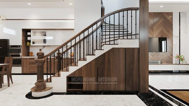 Mẫu cầu thang gỗ tự nhiên hiện đại sang trọng tại biệt thự đông anh hà nội