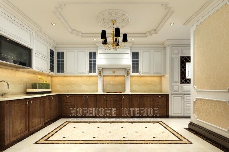 Mẫu thiết kế tủ bếp gỗ óc chó đẹp để phù hợp với nhà biệt thự cao cấp.
